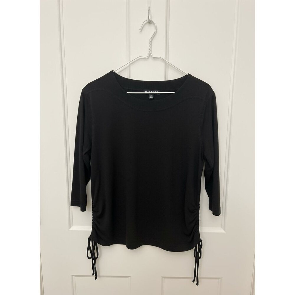 N Touch Petite Medium Black 3/4 Sleeve Top w/ Side‎ Scrunch Tie Detail